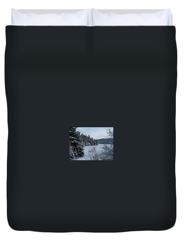 #alaska #juneau #ak #cruise #tours #vacation #peaceful #aukelake #snow #winter #cold #postcard #morning #dawn Duvet Cover featuring the photograph Postcard-esque by Charles Vice