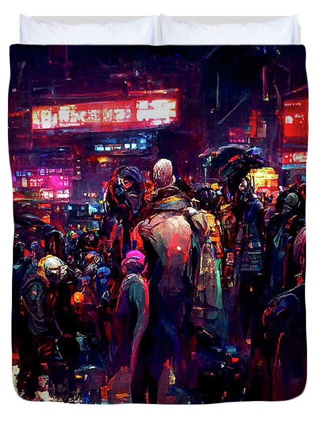 Cyberpunk Duvet Cover featuring the painting Postcards from the Future - Cyberpunk Street Market, 01 by AM FineArtPrints