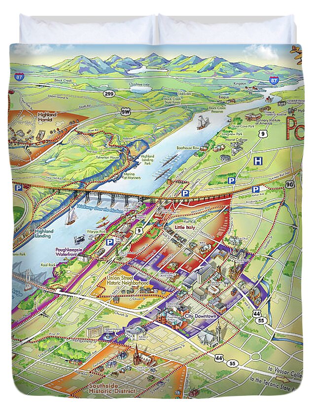 Vassar College Duvet Cover featuring the digital art Poughkeepsie and Vassar College Illustrated Map by Maria Rabinky