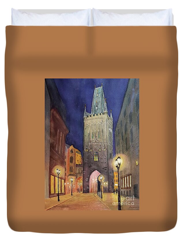 Prague Duvet Cover featuring the painting Powder Tower-Prague by Petra Burgmann