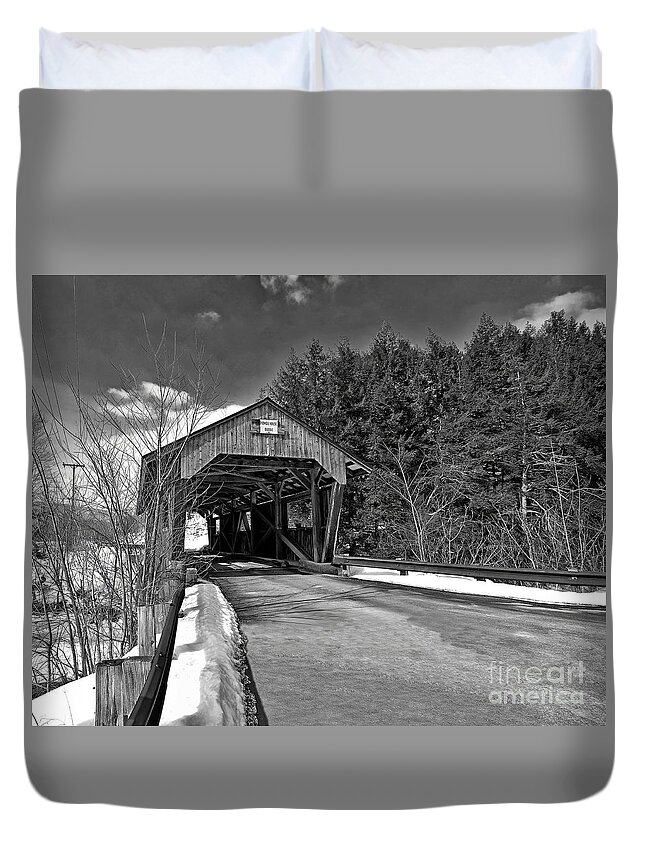 Black And White Duvet Cover featuring the photograph Powerhouse Covered Bridge by Steve Brown