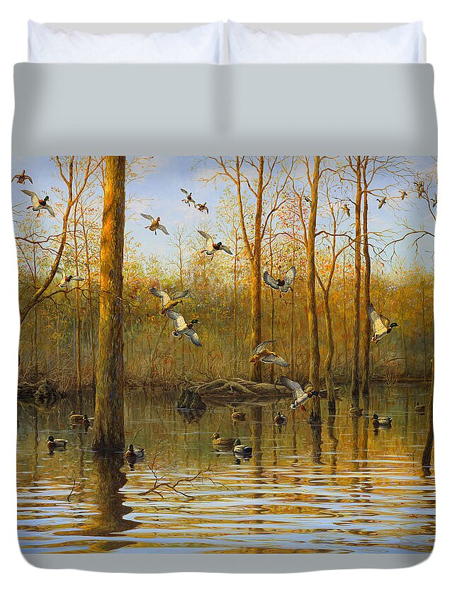 Mallards Duvet Cover featuring the painting Prairie Wings by Guy Crittenden