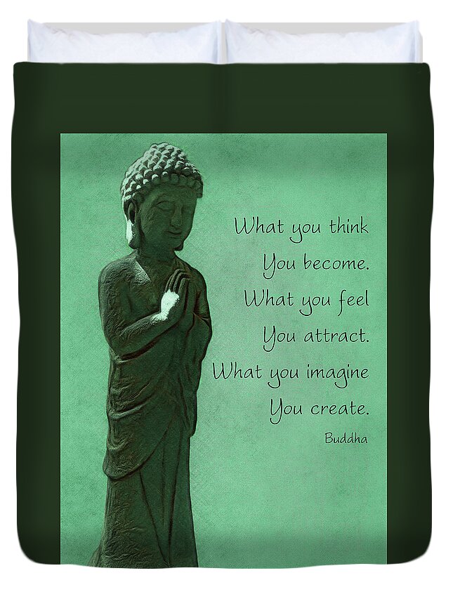 Buddha Duvet Cover featuring the photograph Praying Buddha - Quote by Leslie Montgomery