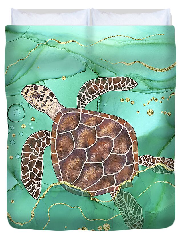 Hawksbill Turtle Duvet Cover featuring the digital art Precious Hawksbill Turtle Swimming in Emerald Water by Andreea Dumez