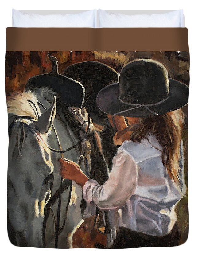Cowgirl Duvet Cover featuring the painting Prepping for a ride by Tate Hamilton