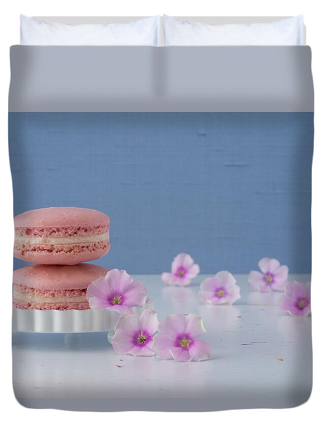 Macaron Duvet Cover featuring the photograph Pretty Pink Macarons and Flowers by Tina Horne