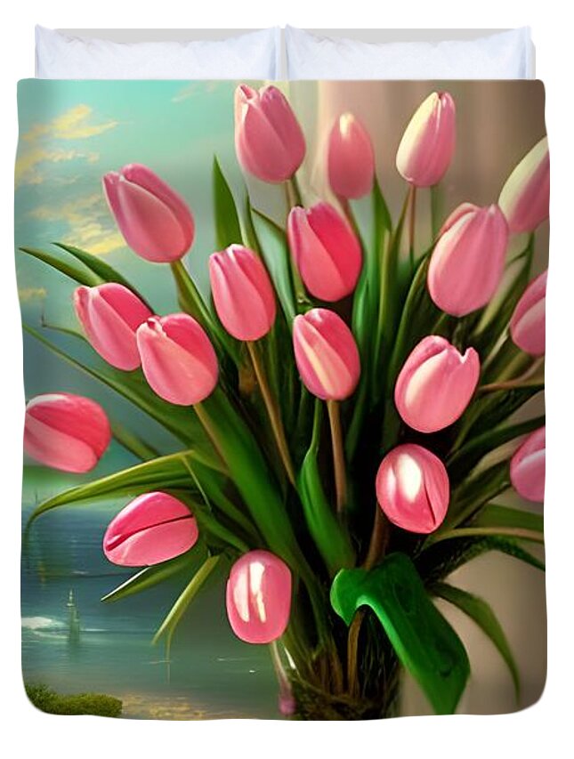 Floral Duvet Cover featuring the digital art Pretty Pink Tulips by Katrina Gunn