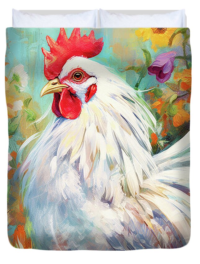White Chickens Duvet Cover featuring the painting Pretty White Chicken by Tina LeCour