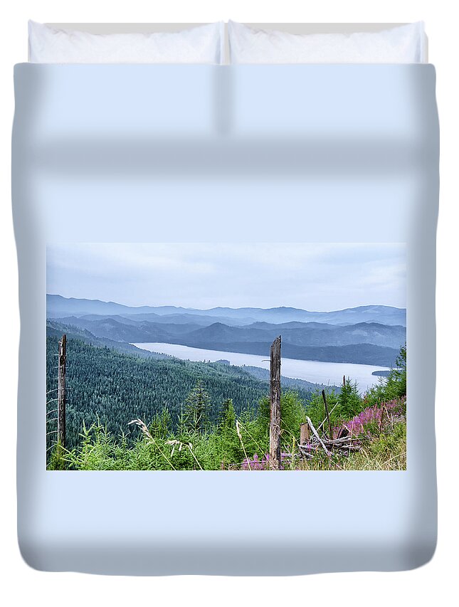 Landscape Duvet Cover featuring the photograph Priest Lake view with fireweed by Debra Baldwin