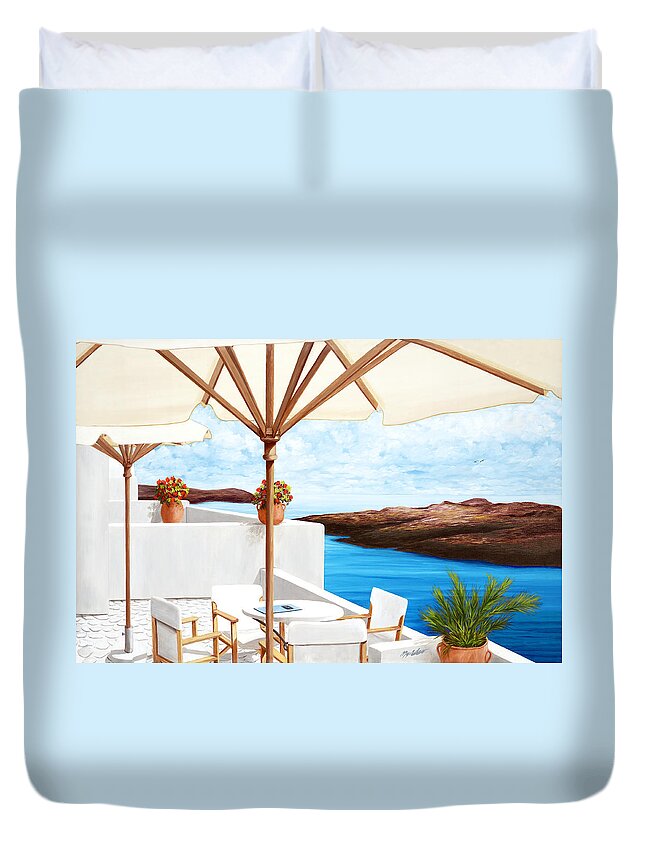Santorini Duvet Cover featuring the painting RESERVATION FOR FOUR - prints of oil painting by Mary Grden