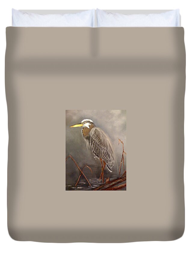 Brown Heron Duvet Cover featuring the painting Proud Heron by Ruben Carrillo