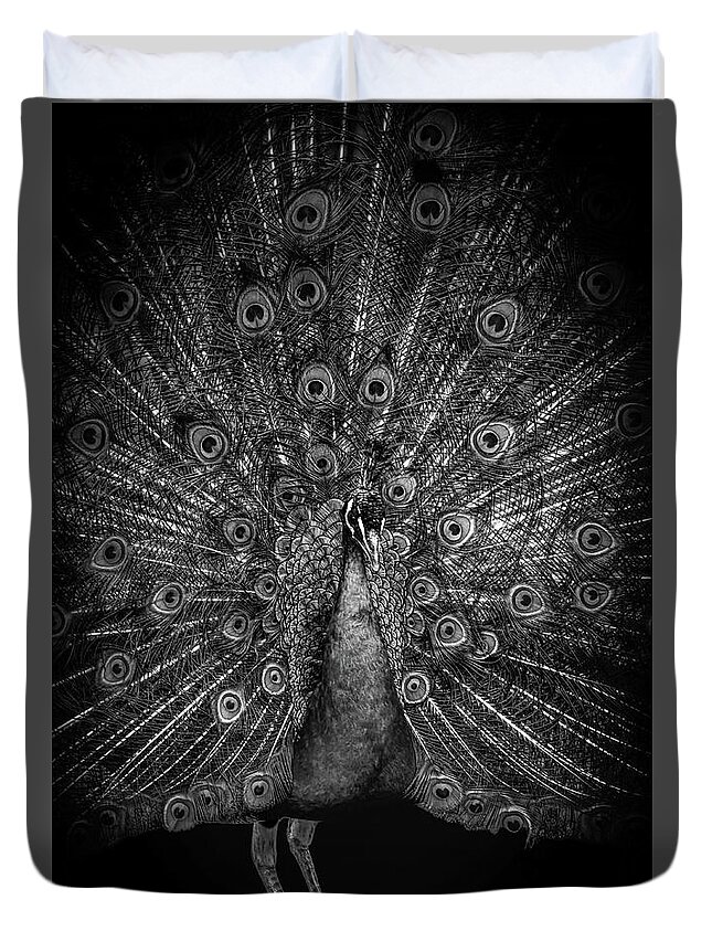 Proud Duvet Cover featuring the digital art Proud peacock in black and white by Marjolein Van Middelkoop