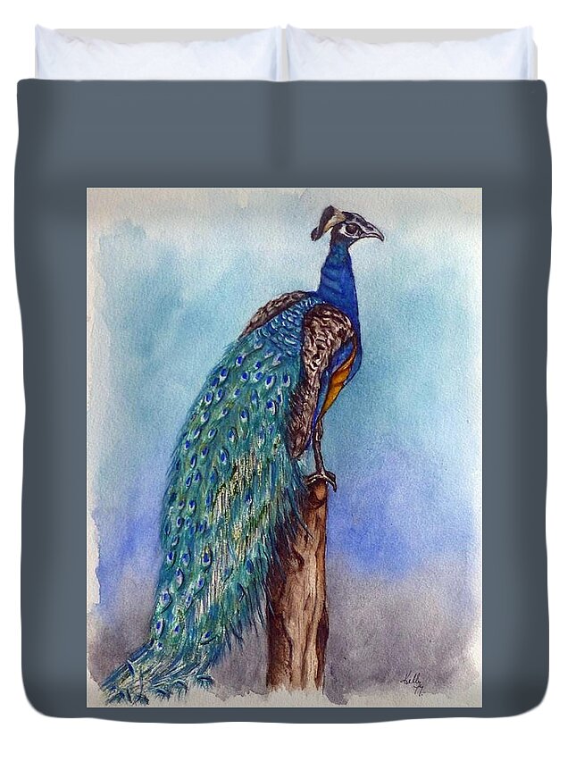 Peacock Duvet Cover featuring the painting Proud Peacock by Kelly Mills