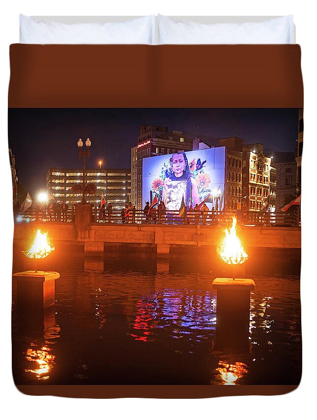 Providence Duvet Cover featuring the photograph Providence RI Waterfire Celebration Mural by Toby McGuire