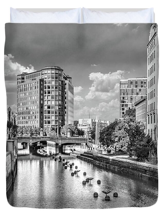 Providence River Duvet Cover featuring the photograph Providence River Black and White by Sharon Popek