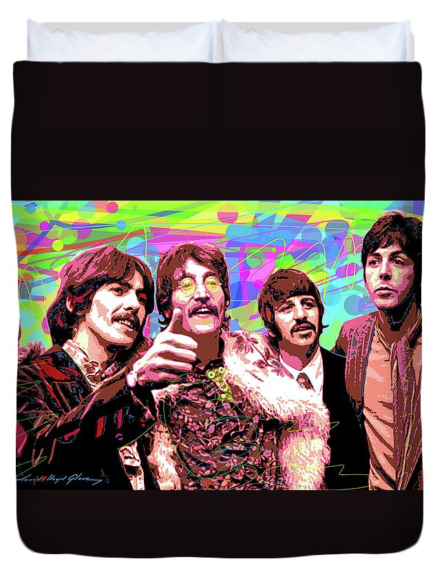 The Beatles Duvet Cover featuring the painting Psychedelic Beatles by David Lloyd Glover