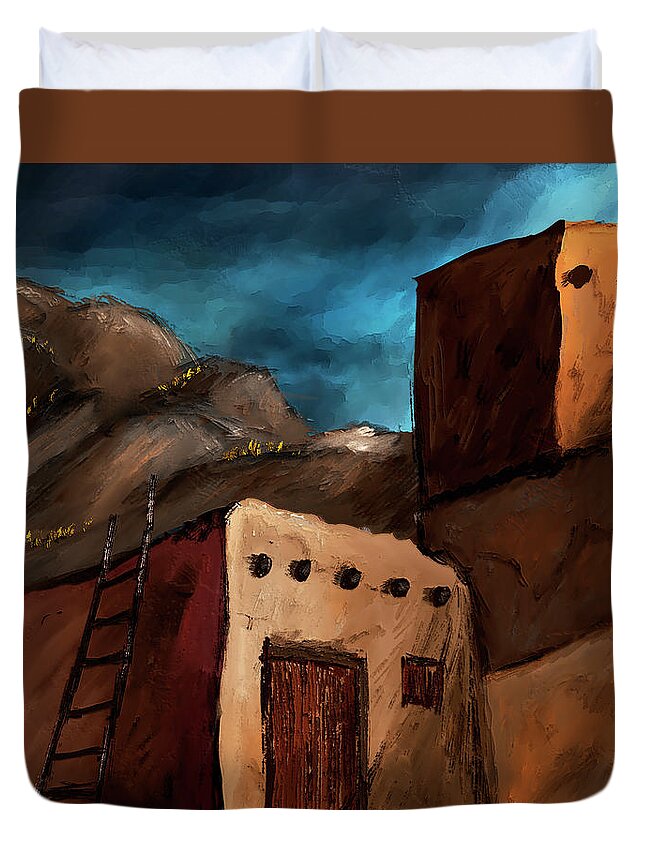 Pueblo Duvet Cover featuring the digital art Pueblo One of Three Triptych by Ken Taylor