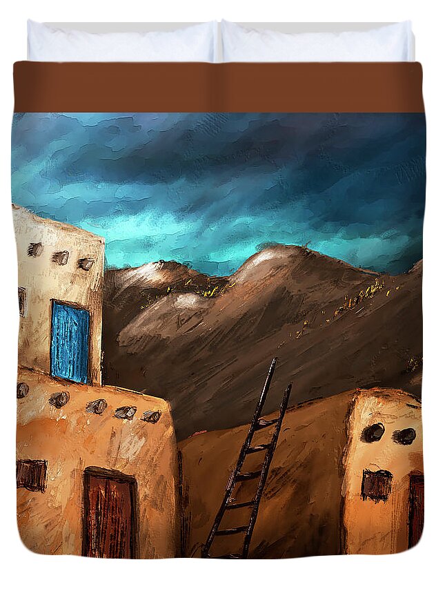 Pueblo Duvet Cover featuring the digital art Pueblo Three of Three Triptych by Ken Taylor