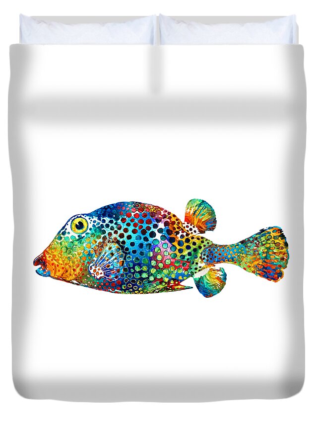 Fish Duvet Cover featuring the painting Puffer Fish Art - Puff Love - By Sharon Cummings by Sharon Cummings