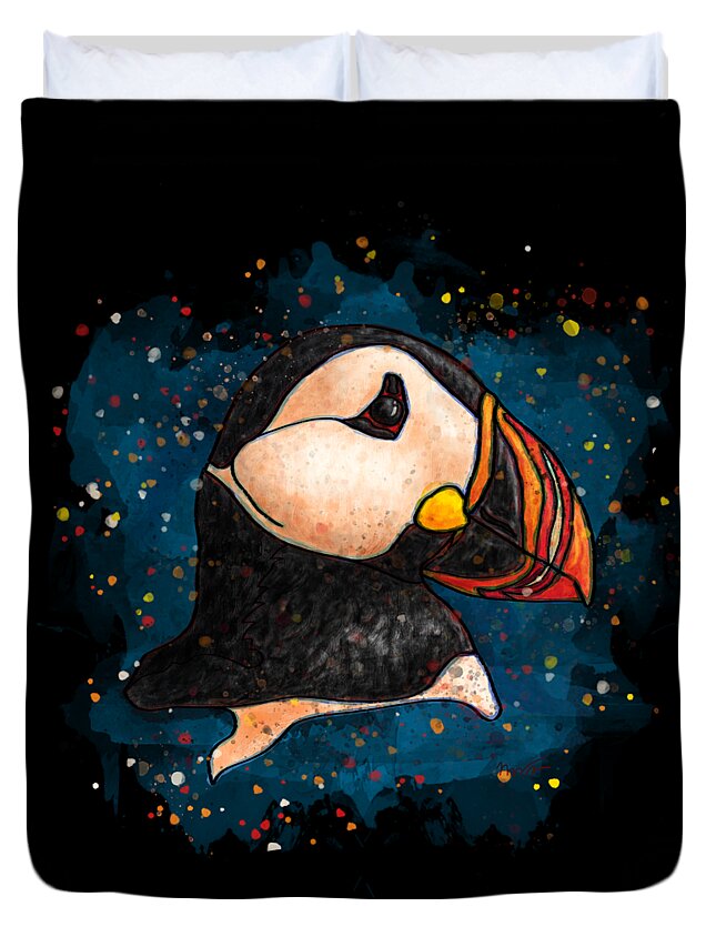 Puffin Duvet Cover featuring the painting Puffin head on black background, Splatter art puffin by Nadia CHEVREL