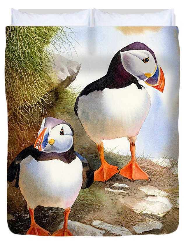 Puffins Duvet Cover featuring the painting Puffins by Espero Art