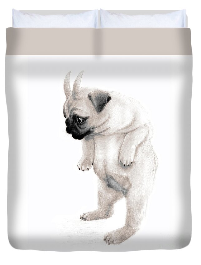 Pug Duvet Cover featuring the drawing Pugalo the Puggoat by Robert Douglas