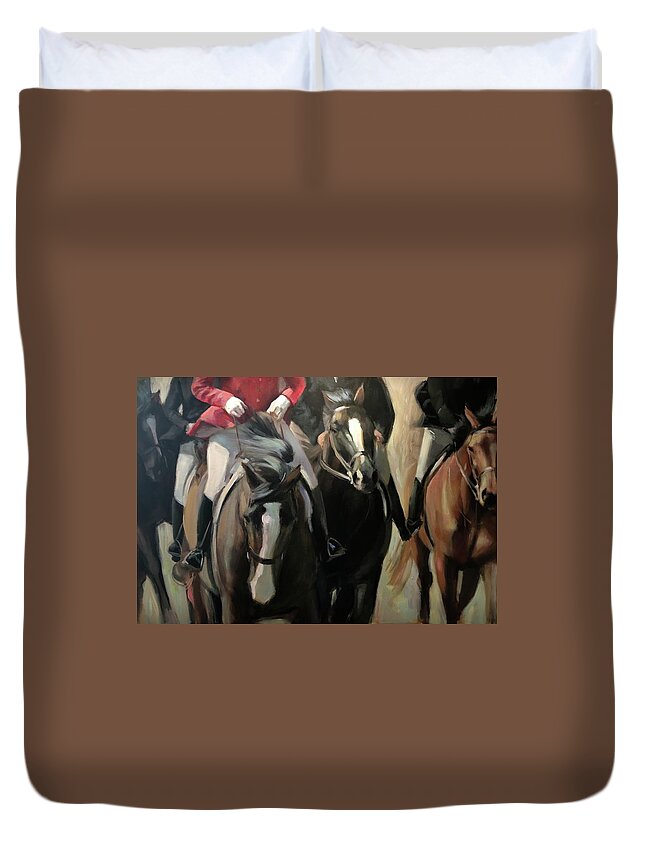Horse Horses Foxhunt Animals Equestrian Oil Painting Contemporary Duvet Cover featuring the painting Pulling on the rein by Susan Bradbury