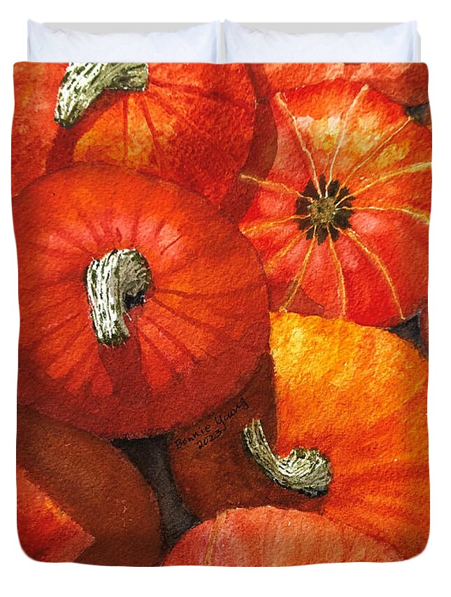 Pumpkins Duvet Cover featuring the painting Pumpkins for Sale by Bonnie Young