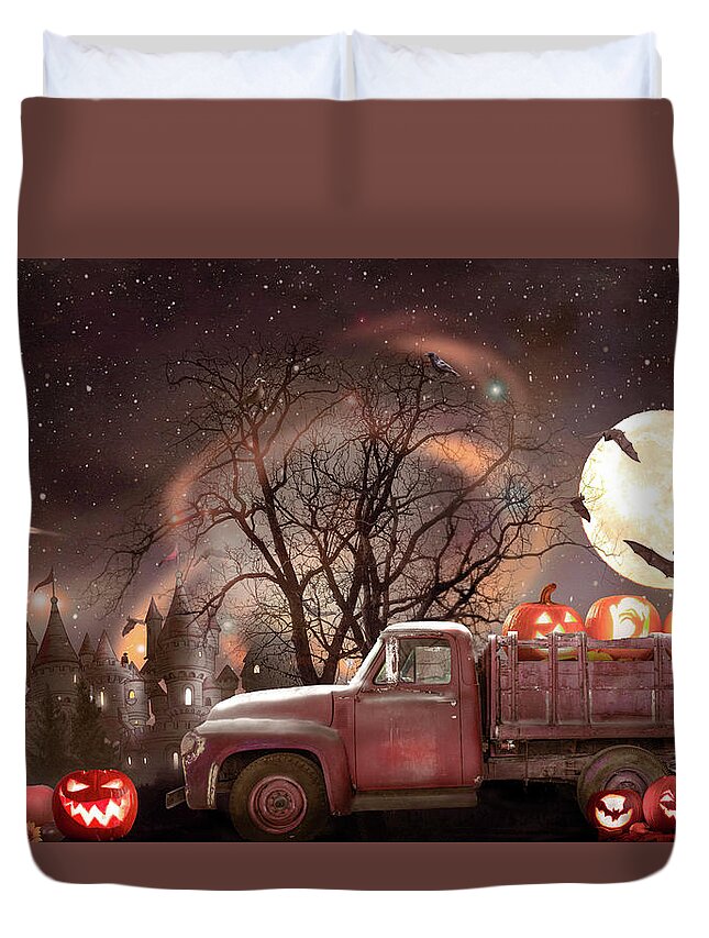 Truck Duvet Cover featuring the photograph Pumpkins under the Halloween Country Moon by Debra and Dave Vanderlaan