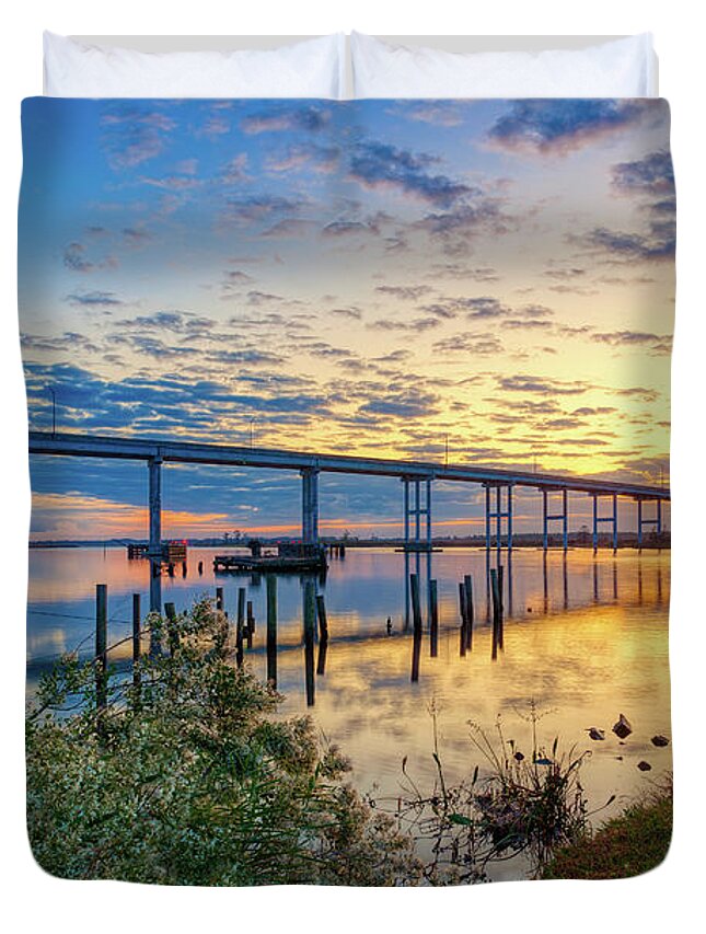 Pungo Duvet Cover featuring the photograph Pungo Ferry Bridge Sunset III by Donna Twiford