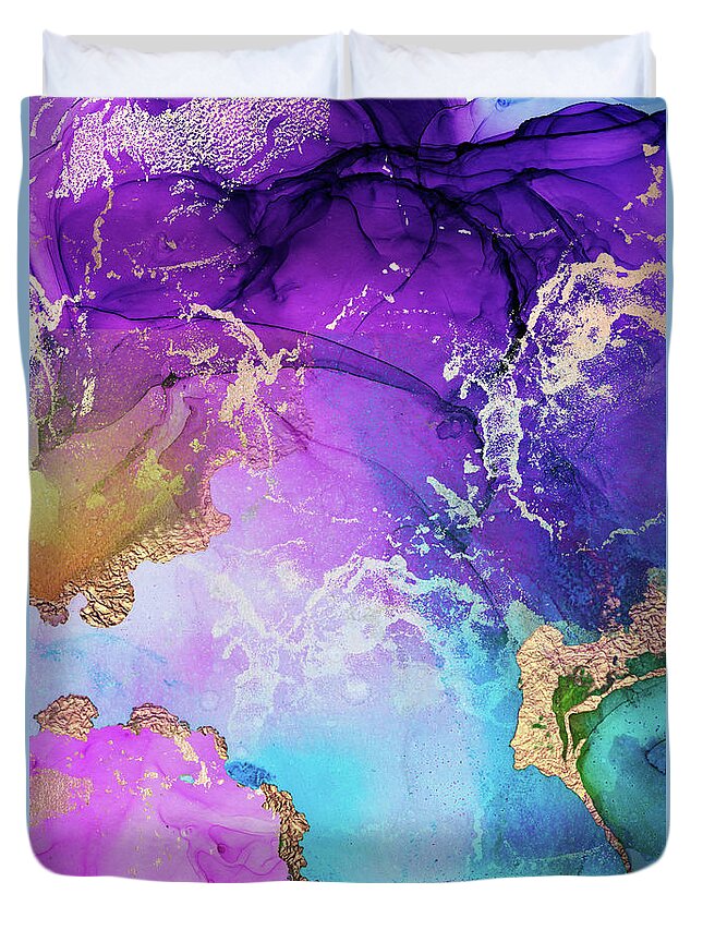 Purple Duvet Cover featuring the painting Purple, Blue And Gold Metallic Abstract Watercolor Art by Modern Art