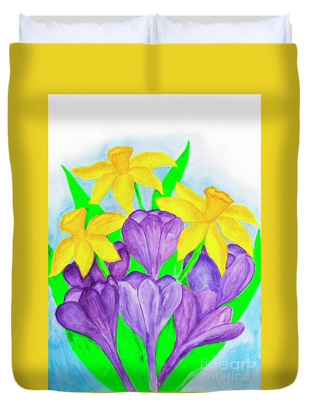 Flower Duvet Cover featuring the painting Purple crocuses and yellow daffodiles by Irina Afonskaya