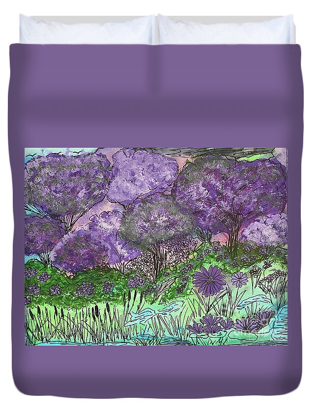Purple Duvet Cover featuring the mixed media Purple Doodle Scene by Lisa Neuman