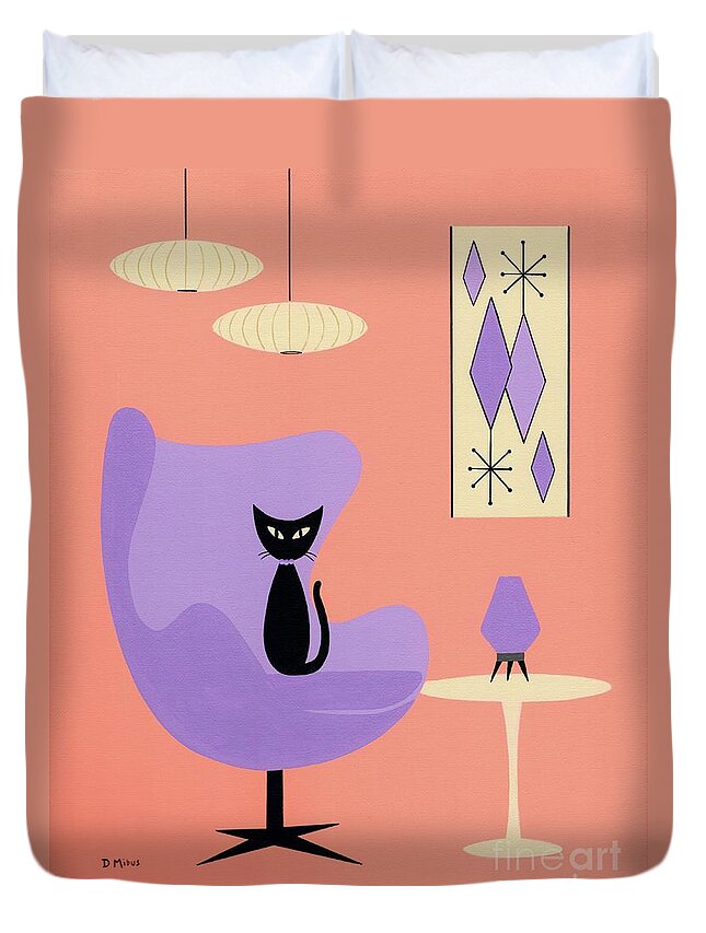 Mid Century Modern Black Cat Duvet Cover featuring the mixed media Purple Egg Chair with Diamonds by Donna Mibus