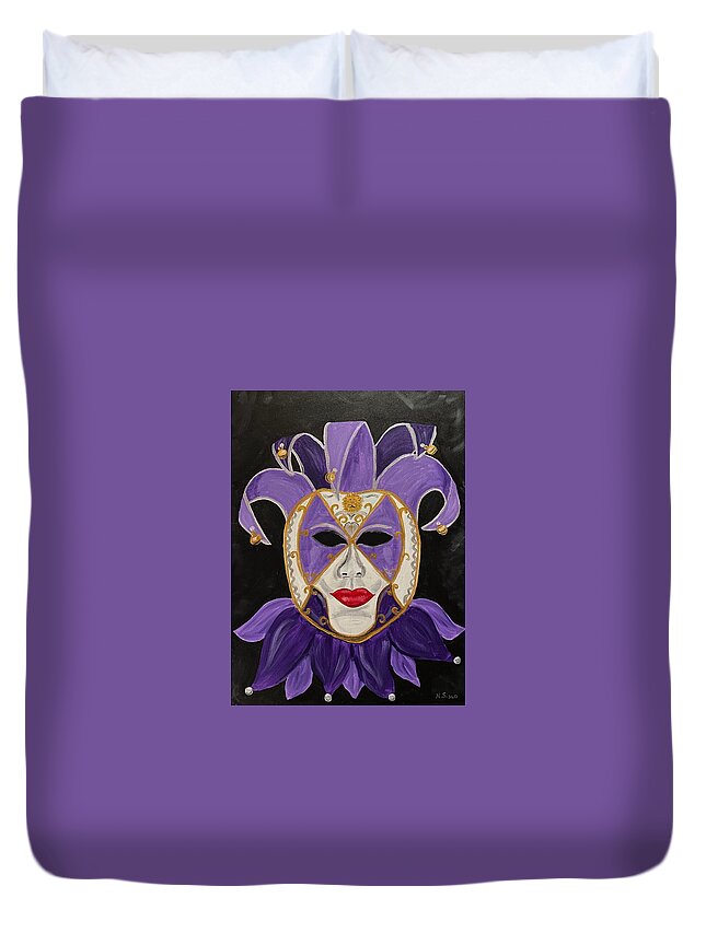 Purple Duvet Cover featuring the painting Purple Jester by Nancy Sisco