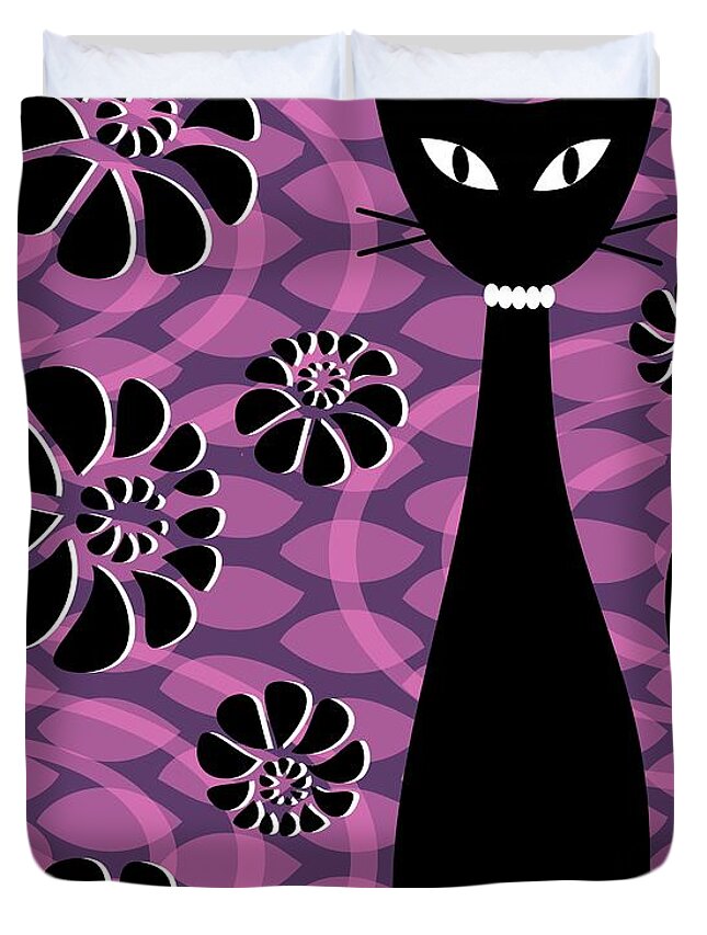 Abstract Cat Duvet Cover featuring the digital art Purple Pink Mod Cat 2 by Donna Mibus