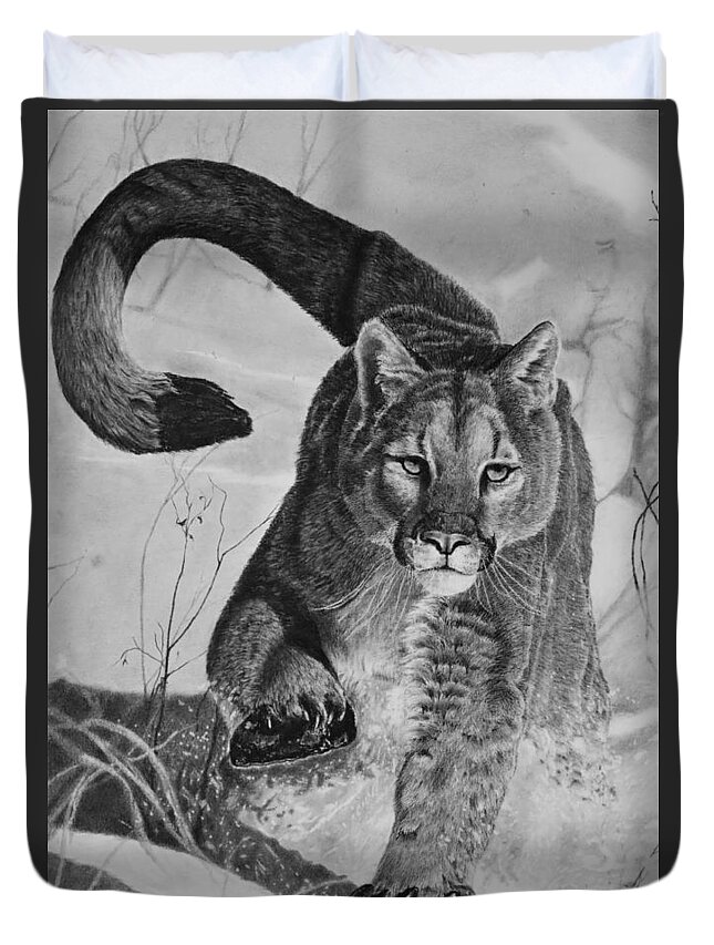 Mountain Lion Duvet Cover featuring the drawing Pursuit by Greg Fox