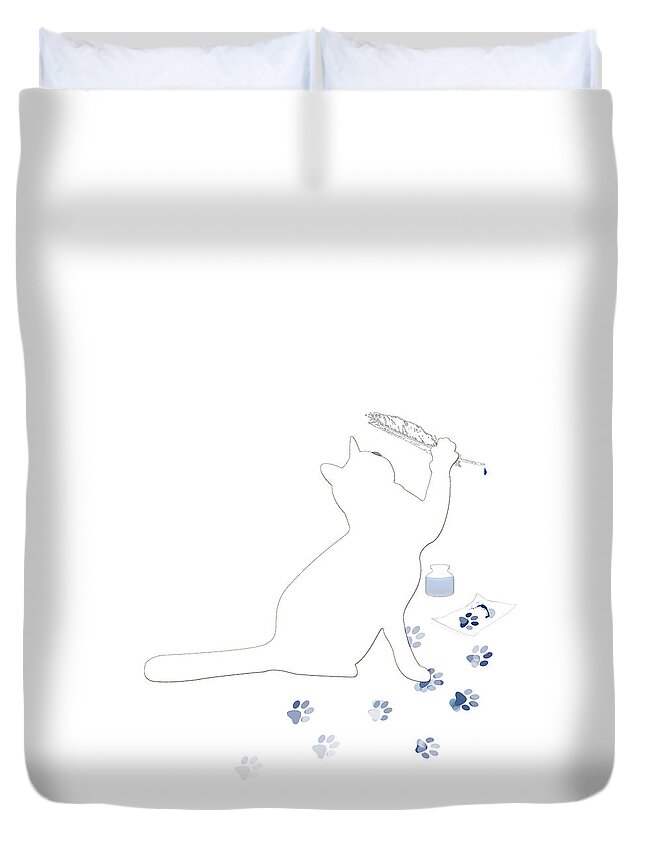 Cat Duvet Cover featuring the mixed media Putting Paw to Paper by Moira Law