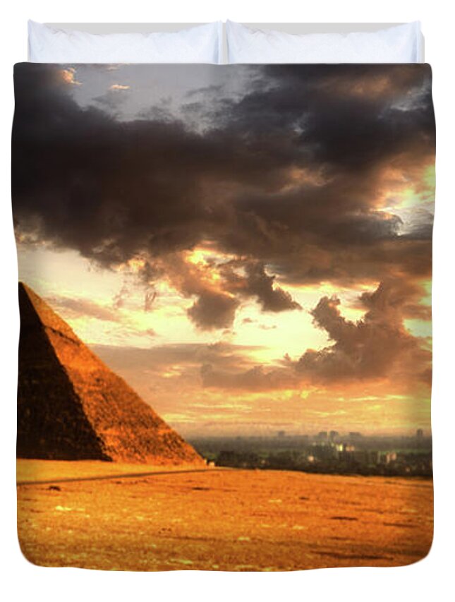 Giza Duvet Cover featuring the photograph Pyramids of Giza by Kype Hills