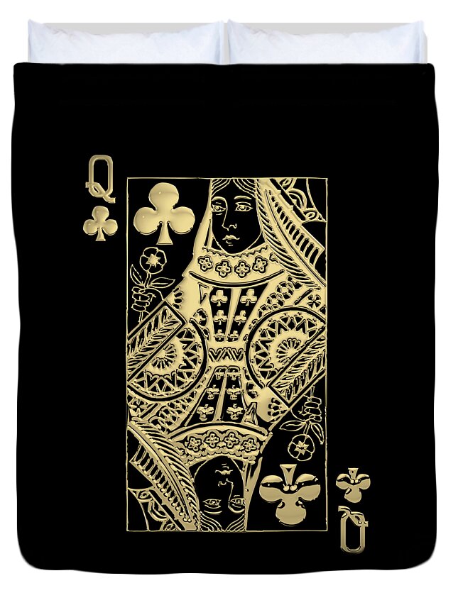 'gamble' Collection By Serge Averbukh Duvet Cover featuring the digital art Queen of Clubs in Gold on Black  by Serge Averbukh
