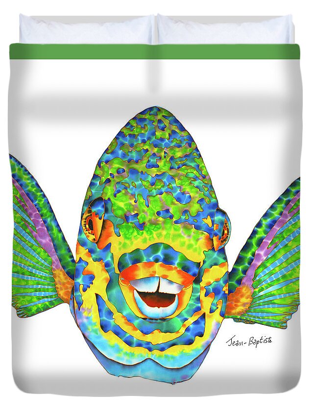 Diving Duvet Cover featuring the painting Queen Parrotfish white background by Daniel Jean-Baptiste