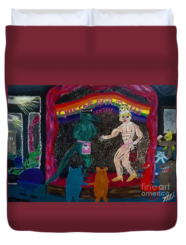 Lgbtq Duvet Cover featuring the painting Queens bar muscle contest by David Westwood