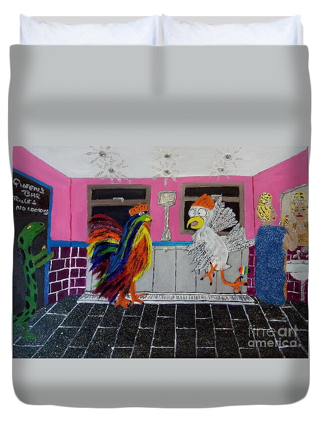 Lgbtq Duvet Cover featuring the painting Queens bar sweatbox rules by David Westwood
