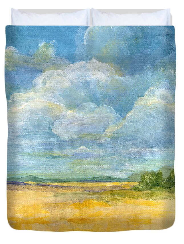 Landscape Duvet Cover featuring the painting Quiet - Nebraska Skies by Annie Troe