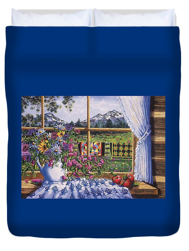 Log Cabin Duvet Cover featuring the painting Quilted View by Diane Phalen