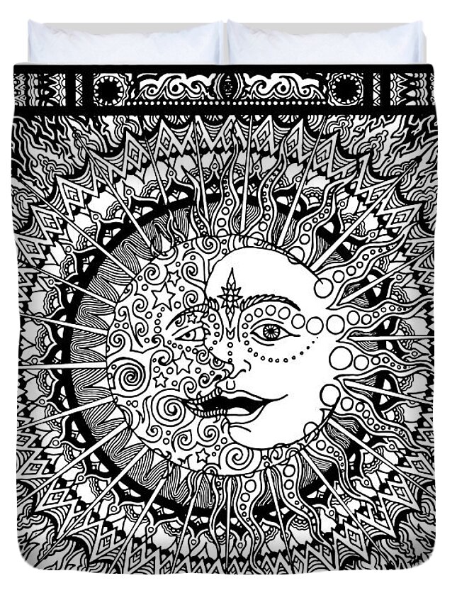 Sun Duvet Cover featuring the drawing Ra Luna by Baruska A Michalcikova