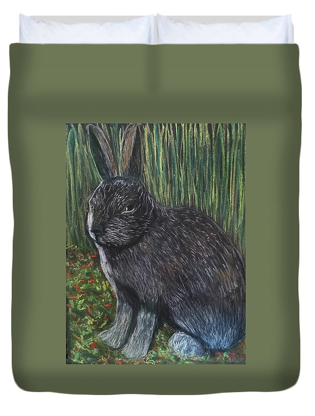 Rabbit Duvet Cover featuring the pastel Rabbit in tall grasses by Lisa Koyle