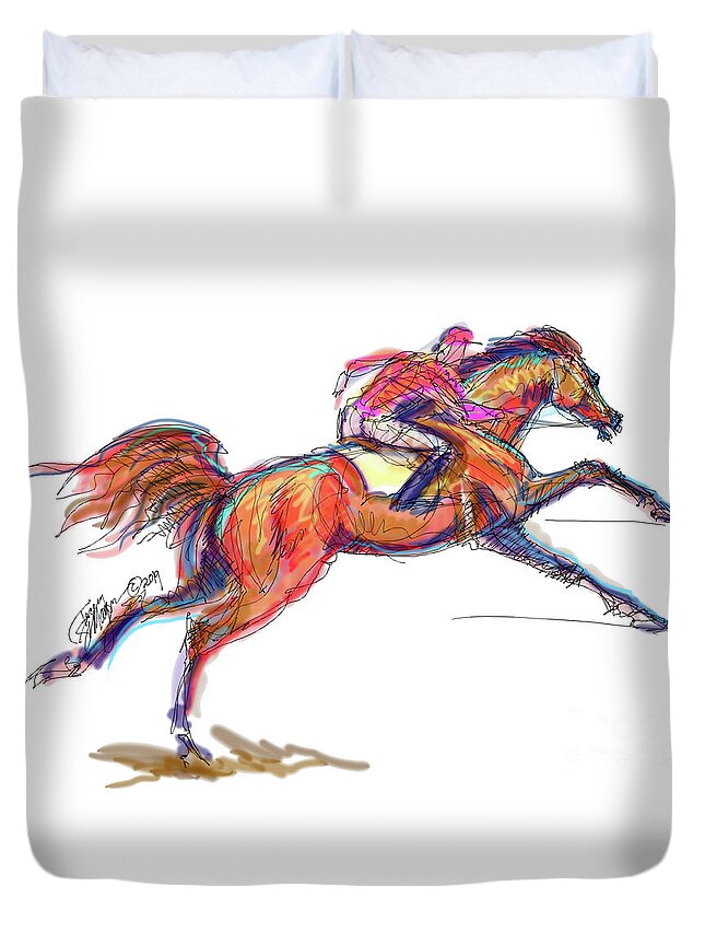 Thoroughbreds; Racehorses; Racing; Horse Race; Jockey; Degas; Contemporary Art; Contemporary Equine Art; Modern Equine Art; Equine Art Cards; Equine Art Gifts; Racehorse Gifts; Race Horse Mugs Duvet Cover featuring the digital art Race Horse for Julie June Stewart by Stacey Mayer