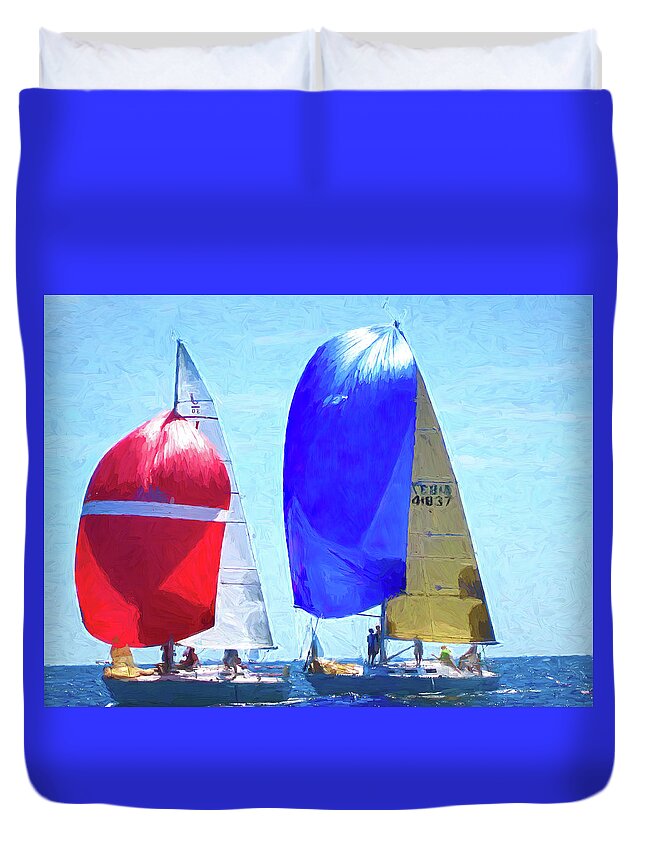 Sail Duvet Cover featuring the digital art Race To The Finish by Deb Bryce