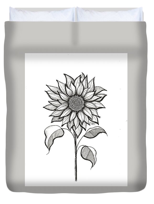 #bloom #flower #sun #sunflower #blackandwhite #drawing #ink #b&w #kpope Duvet Cover featuring the drawing Radiant Bloom Sunflower in Ink by Kathy Pope